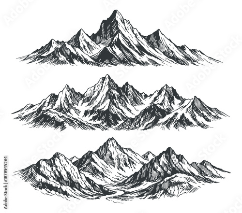 Hand drawn line art mountain range set featuring alpine peaks and rugged terrain for outdoor adventure and landscape designs