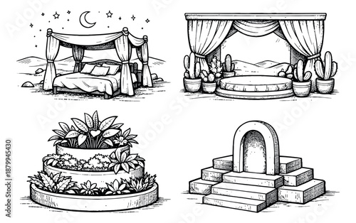 Hand drawn line art decor elements set featuring a magical canopy bed, desert stage, tiered floral planter, and an ancient stone arch for mystical or fantasy design projects