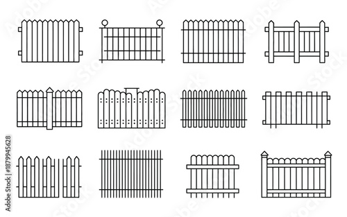 Collection of diverse outline fence designs in a flat vector style, perfect for architectural and garden projects