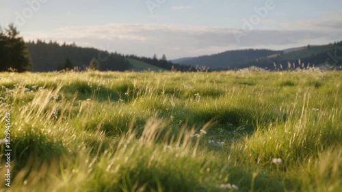 Golden Meadow: Sunlit Grassland with Distant Hills at Dawn