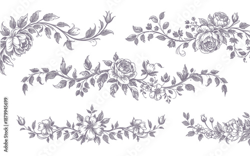 Exquisite Set of Hand-Drawn Vintage Rose Floral Borders, Ornaments, and Dividers for Elegant Design Projects