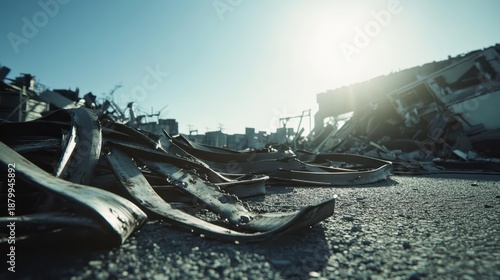 Rusted and dented metal shipping straps strewn across a desolate urban wasteland under a clear blue sky