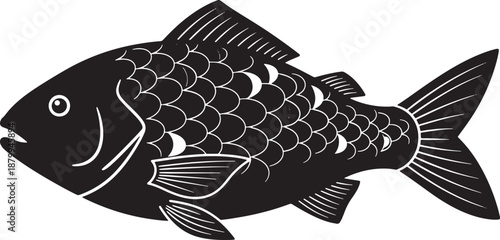 Stylized black and white sea bass fish illustration isolated