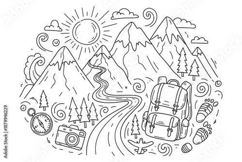 Vector illustration of a mountain landscape with a backpack, camera, compass, airplane, and footprints, representing adventure and travel