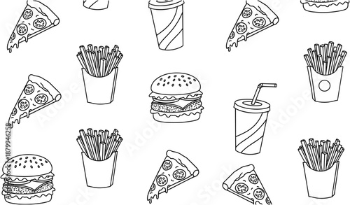 Seamless Black and White Pattern of Assorted Fast Food Items, Featuring Hamburgers, Pizza Slices, French Fries, and Soda Drinks, Ideal for Backgrounds and Digital Design Projects
