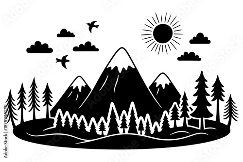 Serene black and white mountain forest landscape illustration featuring majestic peaks, tall evergreen trees, a radiant sun, and soaring birds under a tranquil sky, perfect for nature-themed designs