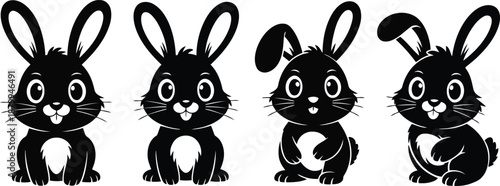 Four adorable black rabbit silhouettes with cute facial features sitting on a white background
