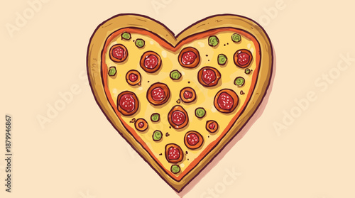 A delicious heart-shaped pizza illustration with pepperoni and green toppings.