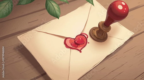 A romantic letter sealed with a vibrant red heart wax seal next to a classic stamper