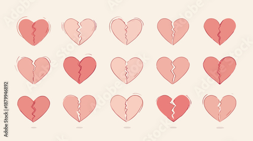 Hand drawn collection of broken heart illustrations symbolizing sadness