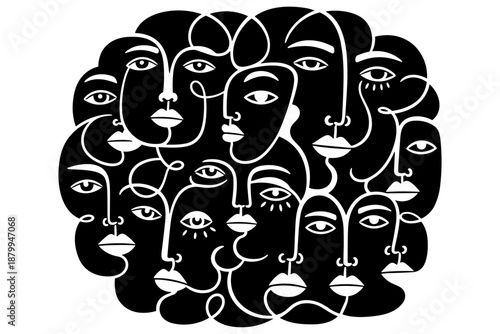 Stylized monochrome illustration of numerous interwoven faces, representing human connection, diversity, and collective identity through intricate continuous line art