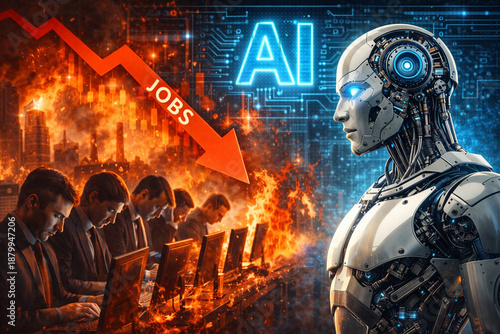 A futuristic concept of artificial intelligence replacing human labor in modern offices. A humanoid robot with AI types on a laptop, while the human disappears.