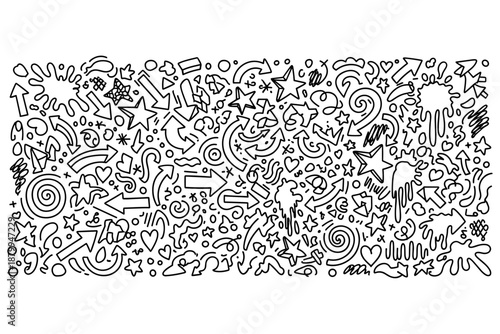 Whimsical Hand-Drawn Doodle Pattern Background Featuring an Energetic Array of Arrows, Stars, Hearts, and Abstract Shapes for Creative Design Projects