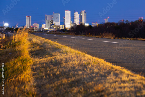 Night Road Leading to Nagoya City Skyscrapers and Business District, Japan