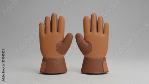 Pair of Brown Work Gloves Standing Upright on a Plain Background.