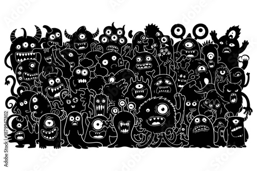 A maximalist, black and white illustration featuring a large, densely packed group of unique, cartoonish monsters in various shapes and sizes, creating a playful and whimsical scene