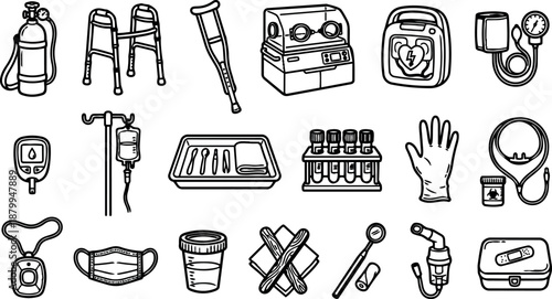 Line art close up medical equipment icons set showing oxygen tank walker crutch defibrillator iv drip syringe tray gloves mask vial