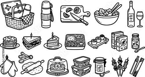 Hand drawn line art picnic and food icon set showing basket, thermos, sushi, cake, skewers, utensils, close up top angle