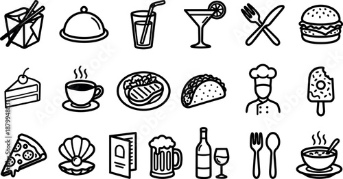 Minimalist line art icon set showing assorted food and drink symbols arranged in rows on white background with bold outlines