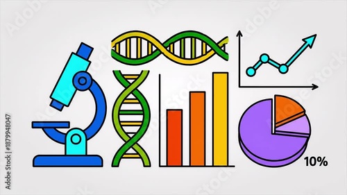 scientific conference like DNA, microscope, and data charts Flat 2D vector outline illustration animation