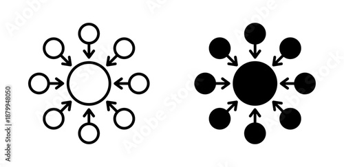 Centralized icon showing arrows pointing towards a central point, representing directional flow and connectivity in a symmetrical design.