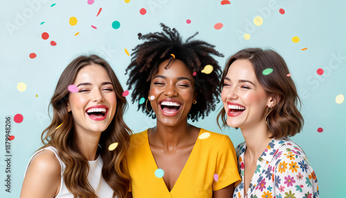 Three women laughing joyfully with colorful confetti background  
