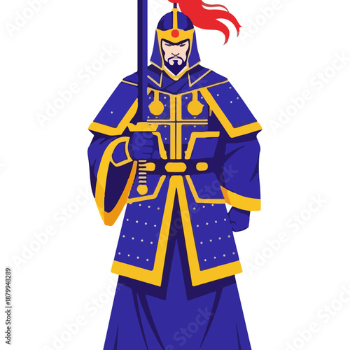 Ancient Chinese Warrior in Blue and Gold Armor Holding Spear.