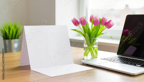 Blank card placed next to laptop and bouquet of pink tulips on desk  