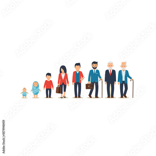 People of different ages standing in a row, representing the human life cycle.