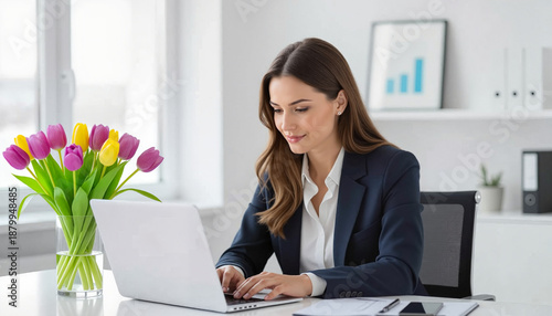 Young woman working on laptop at desk with flowers in office  