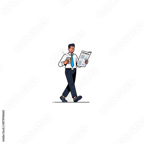 Businessman walking with coffee and newspaper.