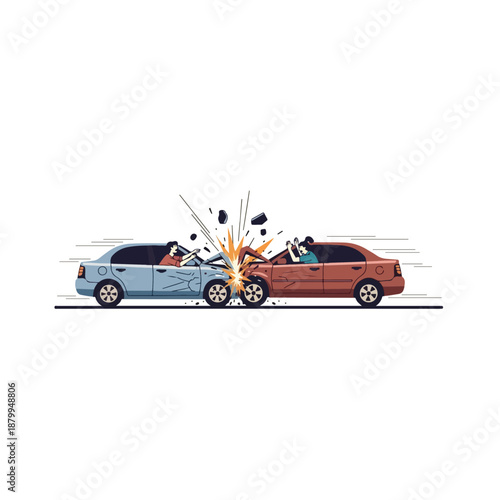 Two cars colliding head-on in a dramatic accident illustration.