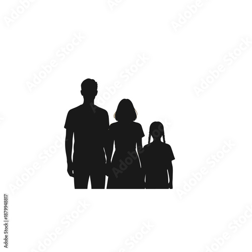 Silhouette of a family with a father, mother, and daughter standing together.