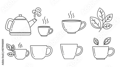 Hand-drawn coffee cup line art pattern featuring mugs, teacups, hot beverages, and café elements arranged in a seamless layout. This minimalist illustration expresses warmth, comfort, and everyday lif