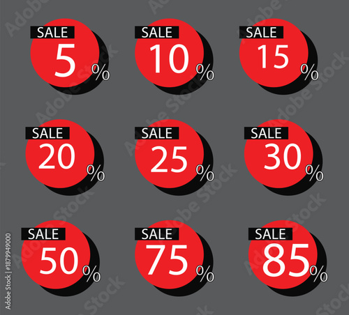 A grid of red circular sale tags with various discount percentages on a dark background.