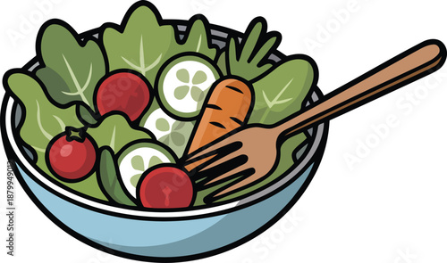 Fresh colorful salad bowl illustration with vegetables and a wooden serving fork. isolated on transparent background