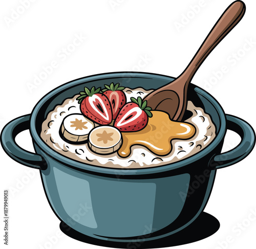 Delicious breakfast oatmeal bowl with fresh fruit and honey, hand-drawn style vector illustration. isolated on transparent background