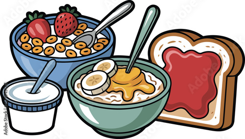 Colorful breakfast illustration with cereal, yogurt, toast and fruit for healthy eating concepts. isolated on transparent background