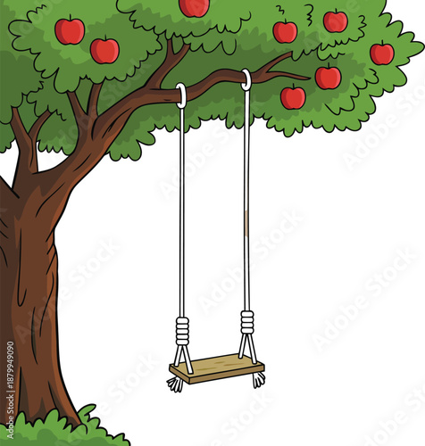 Charming hand-drawn tree with apples and a simple rope swing illustration. isolated on transparent background
