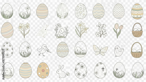 A collection of various hand-drawn Easter eggs, spring flowers, and cute animal illustrations.