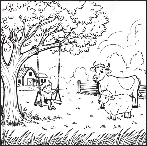 Countryside agriculture theme with farm animals in natural scene black line art vector illustration, Animal coloring page for kids and adults