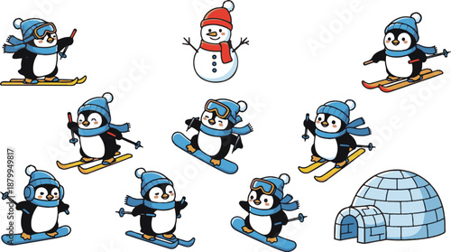 Penguins on snowboards with snowman and igloo