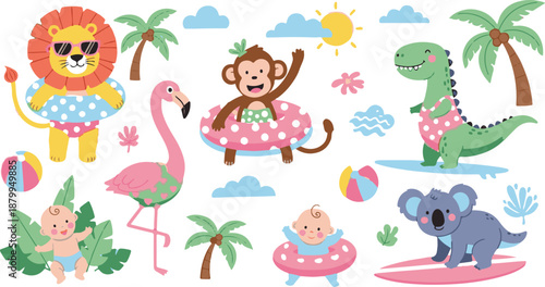 A colorful illustration of beach animals and palm trees