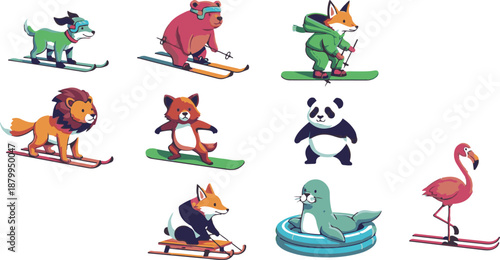 Colorful animal figurines on skis and sleds