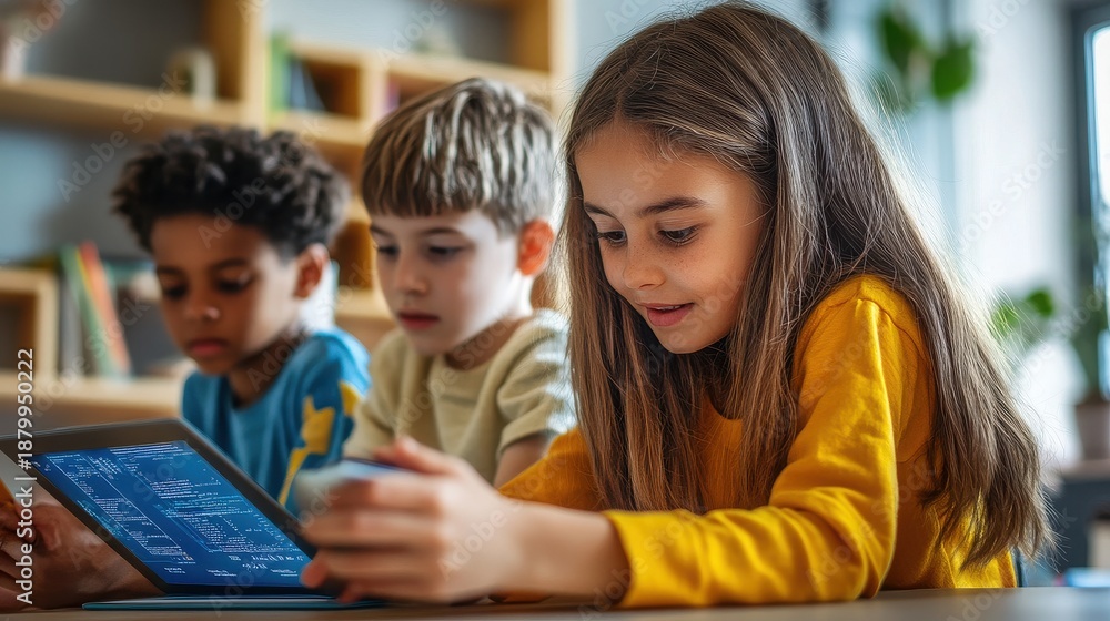 Obraz premium Young students in a classroom setting diligently focusing on programming concepts displayed on a digital tablet screen during an interactive educational technology lesson for elementary learners