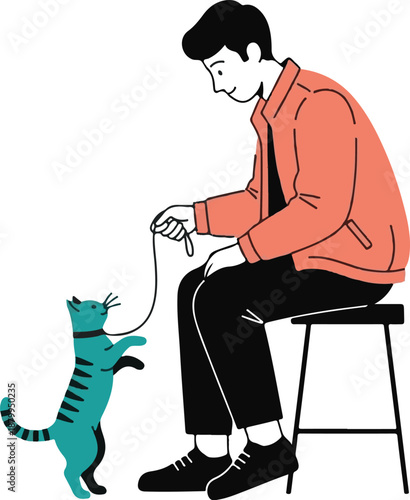 Man sitting on stool interacting with standing cat