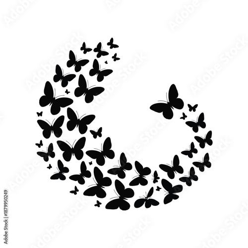 Butterfly Swarm Silhouette Vector Illustration Black Design A captivating black silhouette vector illustration showcasing a swarm of butterflies in flight.