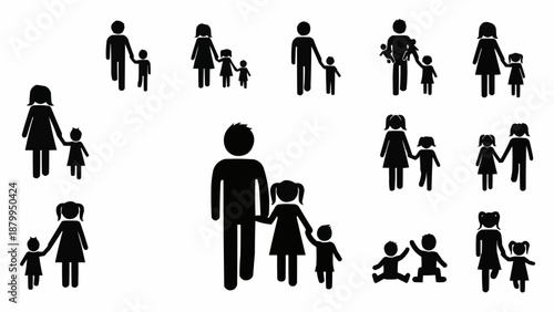 Family Icons Representing Parents And Children Holding Hands.