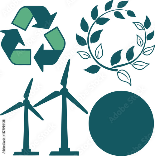Renewable energy and eco sustainability icons with recycle and wind