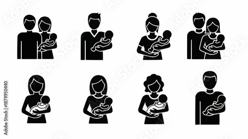 Family Icons Representing Parents Holding Newborn Babies.